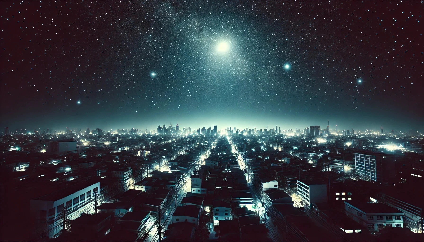 city experiencing a power outage at night with no artificial lights visibl